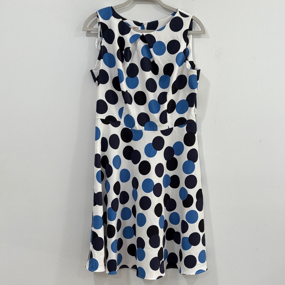 Signature Darby Sleeveless White Blue Polka Dot Dress, Size 12